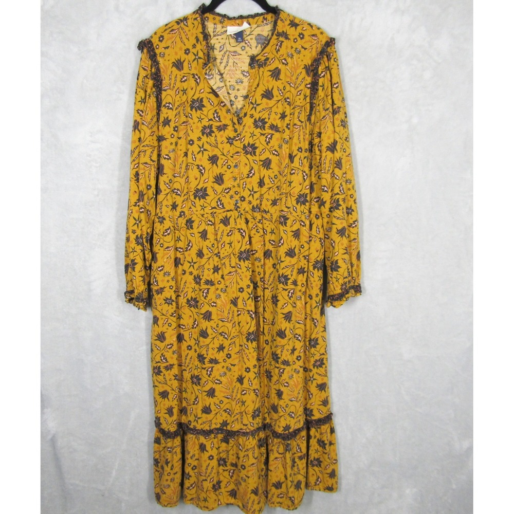 Universal Thread Mustard Yellow Floral Boho Midi Dress XXL Long Sleeve Cotton